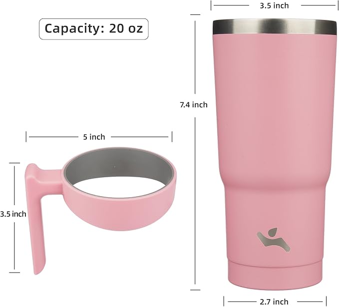 Konokyo 20 oz Tumbler with Handle and Straw, Insulated Travel Mug | Light Pink; BPA-free, leak-proof tumbler with 2 lids, 2 straws, cup holder fit for coffee, office, travel & daily use