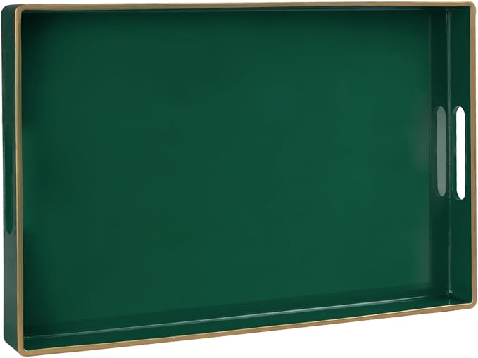 Dark Green Decorative Tray for Ottoman, Serving Tray with Handles | Plastic Coffee Table Tray, Modern Melamine Tray, Rectangle Countertop Organizer Tray for Living Room, 15.8"L x 10.2"W x 1.4"H