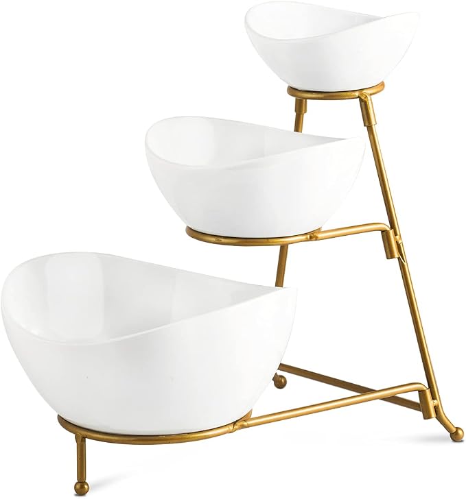 YHOSSEUN 3 Tier Serving Stand Oval Tiered Serving Bowl with Metal Rack | Chip and Dip Serving Bowl Set for Parties, Catering Supplies Buffet Food Display Dessert Appetizer, Gold-45oz/17.5oz/7oz