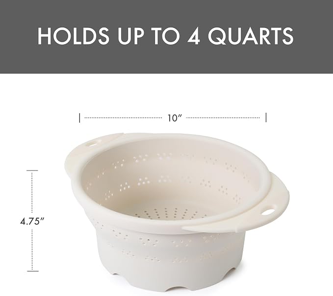 Dexas 10" Collapsible Silicone Colander in Cream, Kitchen Strainer with Handles, 15.1 Cup Capacity | BPA-Free, Heat-Resistant, Space-Saving Kitchen Tool