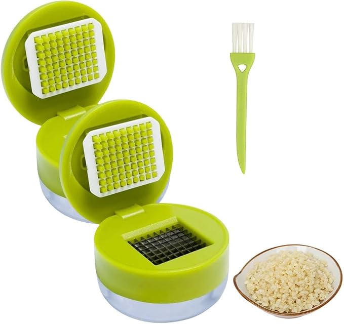 Manual Garlic Masher, Stainless Steel Blade Garlic Mincer Crusher with Peeler and Cleaning Brush, Hand-Press Garlic Chopper Grater for Ginger, Nut, Herb (2PCS)