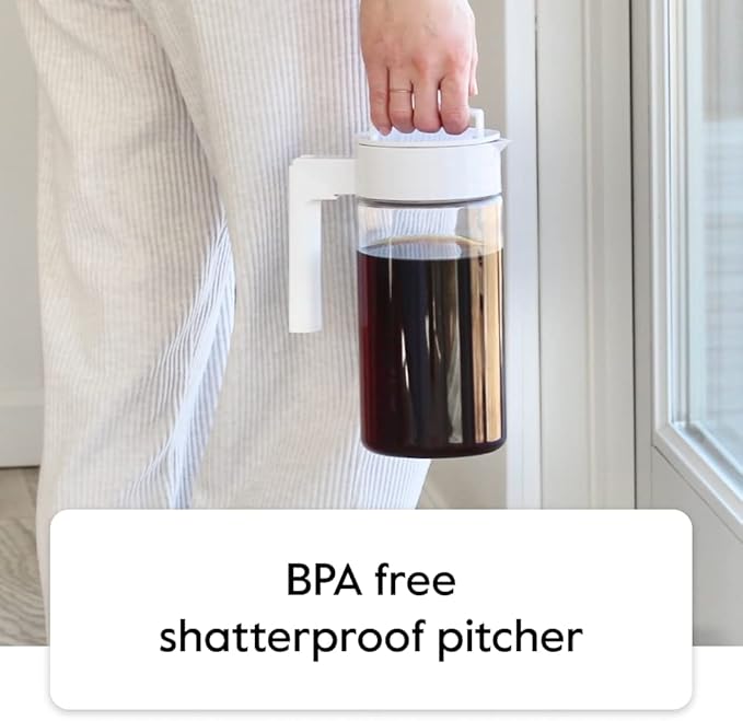 Takeya Deluxe Cold Brew Coffee Maker - BPA-Free Tritan Pitcher with Airtight Leakproof Lid, Silicone Grip Handle, Fine-Mesh Filter - Shatter-Proof, Dishwasher Safe, Made in USA - 1 Quart/Stone