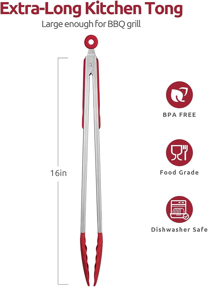 U-Taste Kitchen Tong for Cooking, 600ºF Heat-Resistant Silicone, 16in/Red | Extra Long BBQ Tongs, Large Tong for Grilling/Grabbing, Big Thong with Nonstick Silicone Tps & 18/8 Stainless Steel Handle