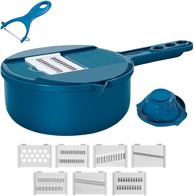 Mandoline Vegetable Slicer Set with 6 Interchangeable Blades, Grater and Peeler, Pink and Blue (Blue)