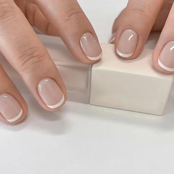 Handmade Press on Nails Short Almond Nude White French Tip Fake Nails Glossy Full Cover Muti-Layer Gel Acrylic Nail Natural & Elegant Style Thick False Nail Solid Color Stick on Nails for Women (M)