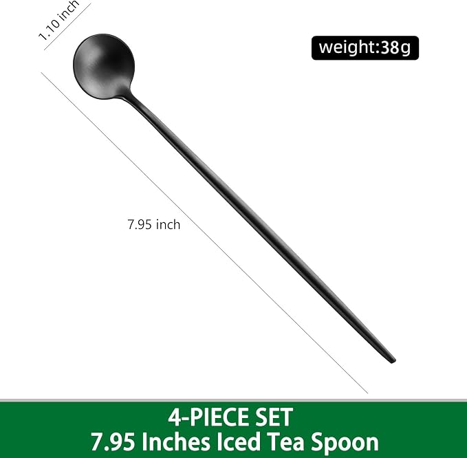 7.95 Inch Matte Black Iced Tea Spoons,4 PCs Sturdy Long Spoon For Stirring Coffee,Cocktail,Milk,Dessert,SS18/10 Satin Black Long Handle Iced Teaspoons For Mixing