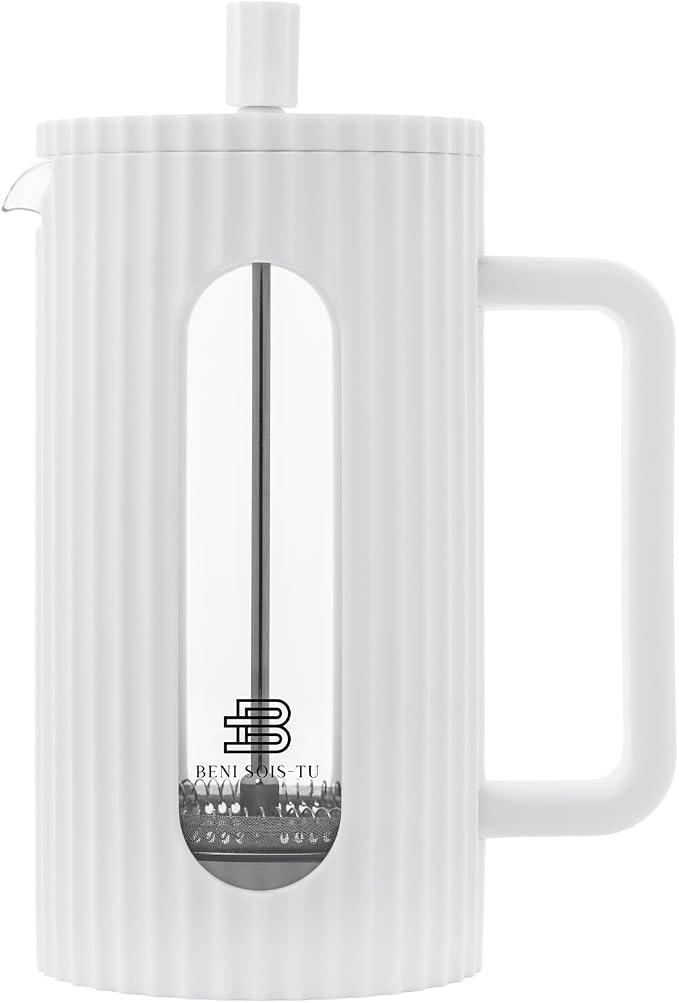 French Press Coffee Maker, 34 oz, Heat Resistant, Borosilicate Glass, 4-level Filtration (white)