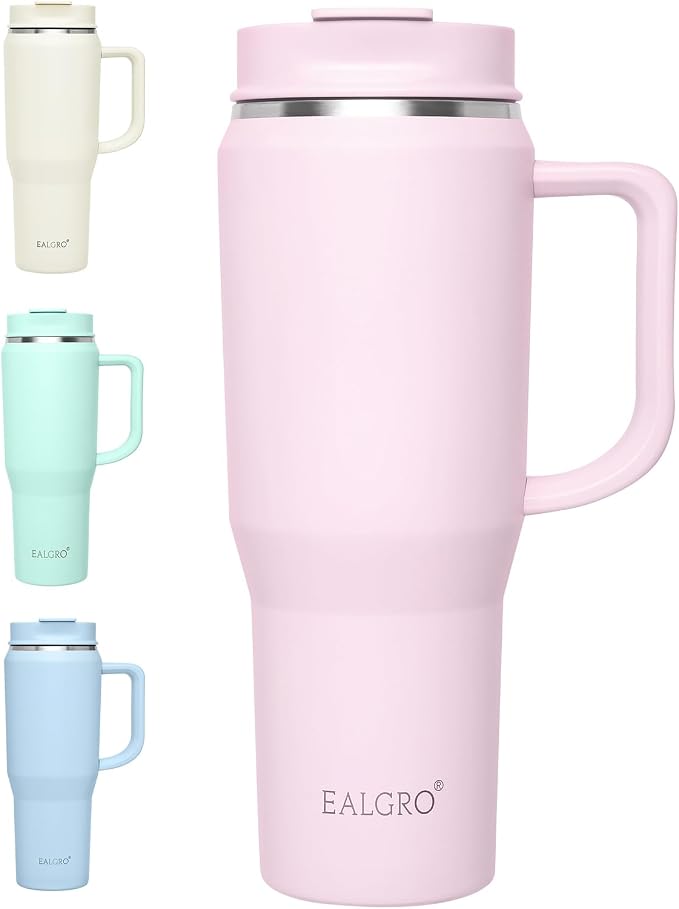 EALGRO 40 oz Tumbler with Handle, Insulated Tumblers with Lid and Straw | Leakproof Large Metal Sports Water Bottle Jug, Stainless Steel Travel Coffee Mug, Double Wall Vacuum Thermal Cup, Blush