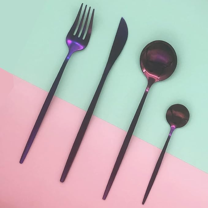 Purple Silverware Set, 24-Piece Stainless Steel Flatware Set Service For 6, Mirror Polished Tableware Cutlery Set Knife Fork And Spoon For Home & Restaurant, Dishwasher Safe
