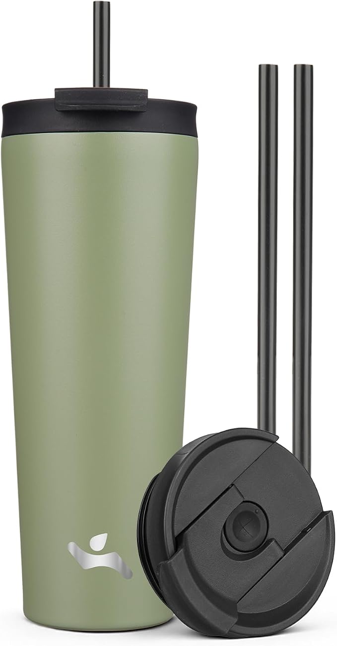 Konokyo 26 oz Insulated Tumbler Water Bottle with Straw Lid, ArmyGreen | Stainless steel insulated tumbler for coffee, water and iced drinks; spill-proof lid, 2 straws, cup-holder friendly
