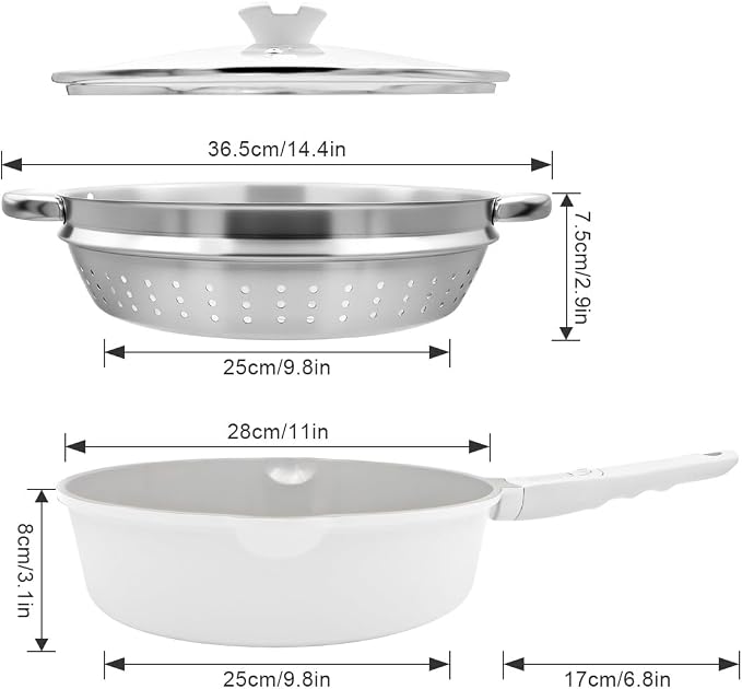 AIKENBBKK 12 Inch Ceramic Frying Pan Skillet with Steamer, Nonstick Saute Pan with Lid, Steamer Pan for Cooking, Induction Compatible, Detachable Handle, Oven Safe, PFAS PFOA & PTFE Free, White
