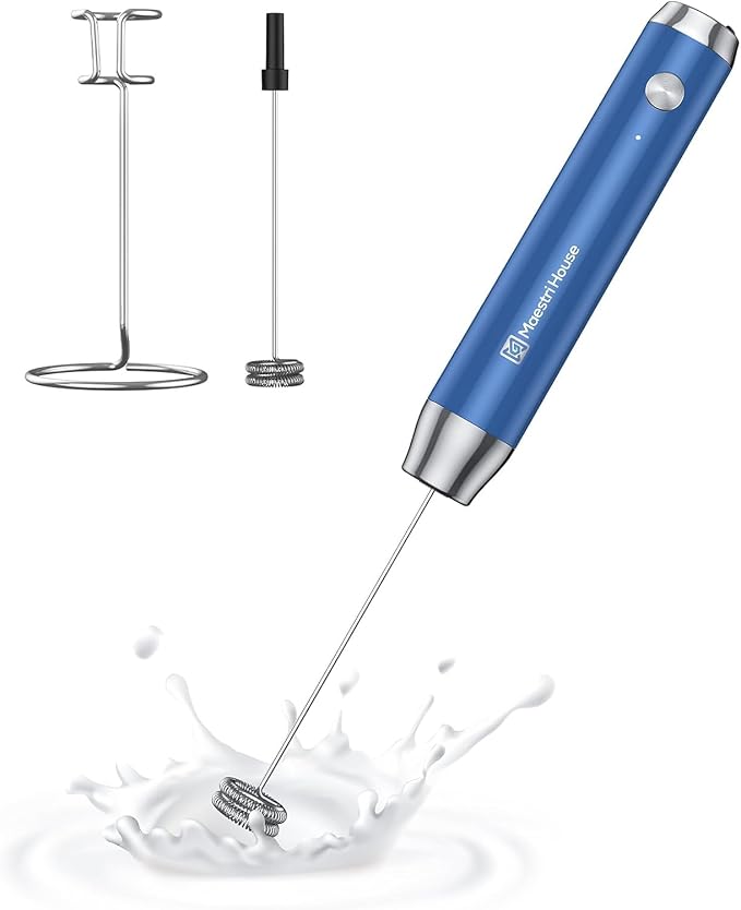 Maestri House LunaFro Rechargeable Milk Frother,Stand & 2 Detachable Whisks | 8000RPM Turbo Motor, 1200mAh lithium battery, Handheld Milk Frother for Lattes, Cappuccino, Matcha & Powdered Supplements