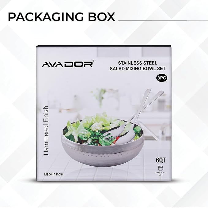 Avador® Set of 3 Premium Stainless Steel Salad Mixing Bowl Hammered Finish | Handmade | Includes Salad Serving Utensils (Stainless Steel)