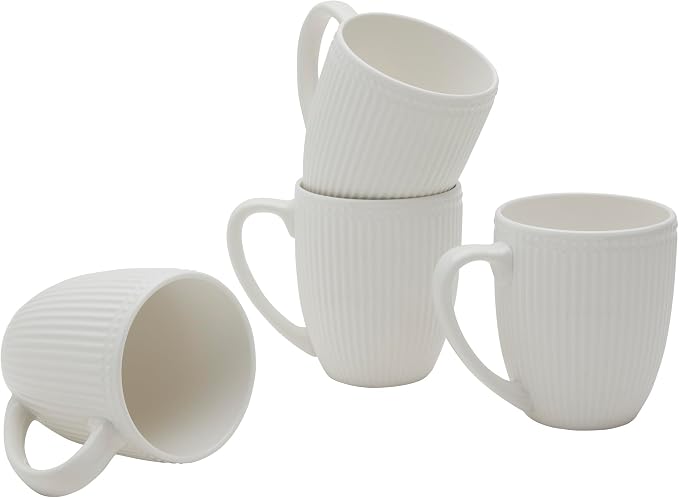 Tabletops Gallery 4 Piece Embossed White Chip Resistant Porcelain Mug Set | Dishwasher safe