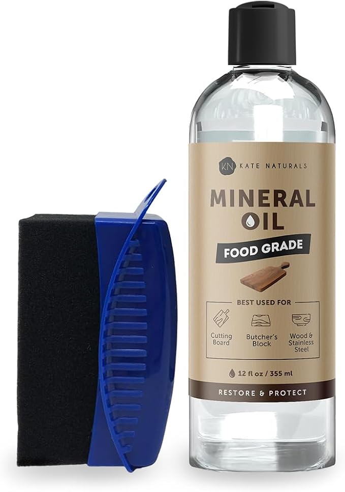 Kate Naturals Mineral Oil for Cutting Board 12oz with Wax Applicator | Food Grade & Food Safe Mineral Oil to Protect Wood on Cutting Boards, Butcher Block & Bamboo Boards