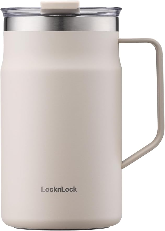 LocknLock Metro Mug, Premium 18/8 Stainless Steel Metal, Double Wall Insulated, Portable Coffee Cup with Lid and Handle for Hot and Cold Drinks, Ivory, 20 oz