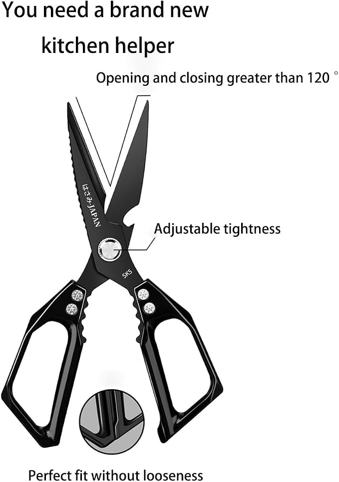 Heavy Duty Rust Proof Multi-Purpose Kitchen Shears(Black) | Suitable for Chicken, Fish, Steak and Vegetables. Built-In Fish Scaler & Bottle Opener, Dishwasher Safe.