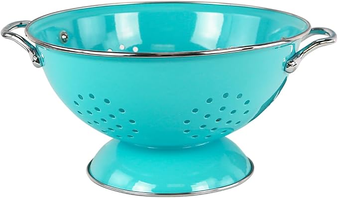 Reston Lloyd, 3 Quart Powder Coated Steel Kitchen Strainer Basket for draining Pasta, Vegetable and Fruit, Chrome Handles and Wide Stable Base, Aqua-Blue