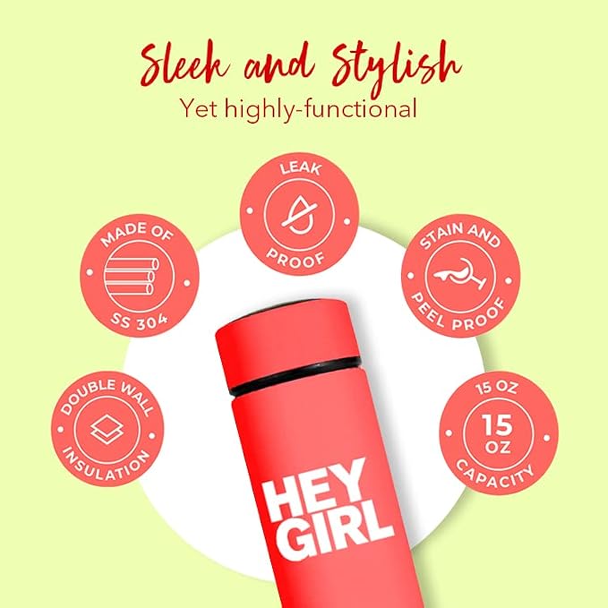 Hey Girl Tea Infuser Bottle 450ml - Insulated Stainless Steel Water Bottle - Tea Tumbler with Tea Diffuser - Portable Travel Mug for Loose Leaf Tea & Infused Water - Tea Lovers Gifts for Women