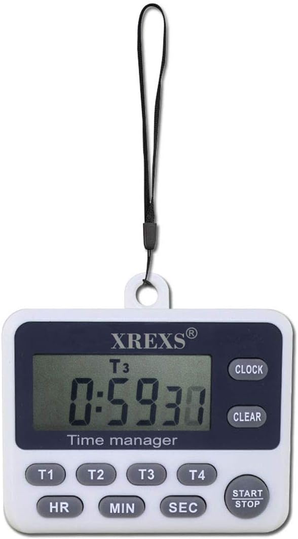 XREXS 4 Channel Digital Kitchen Timer Clock with Large LCD Display | 4 Groups Simultaneous Timing Countdown Up Pocket Timer, Magnetic Attachable (Battery Included)
