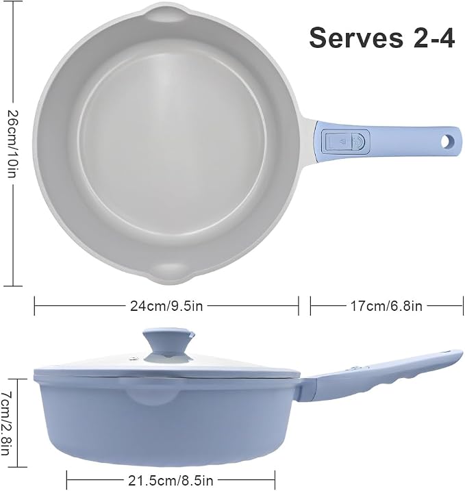 AIKENBBKK 10 Inch Non Stick Ceramic Frying Pans with Lid, 4 QT Nonstick Deep Frying Pan Skillet, Saute Pan with Detachable Handle, Compatible with All Stoves, Oven Safe, PTFE & PFAS-Free, Blue