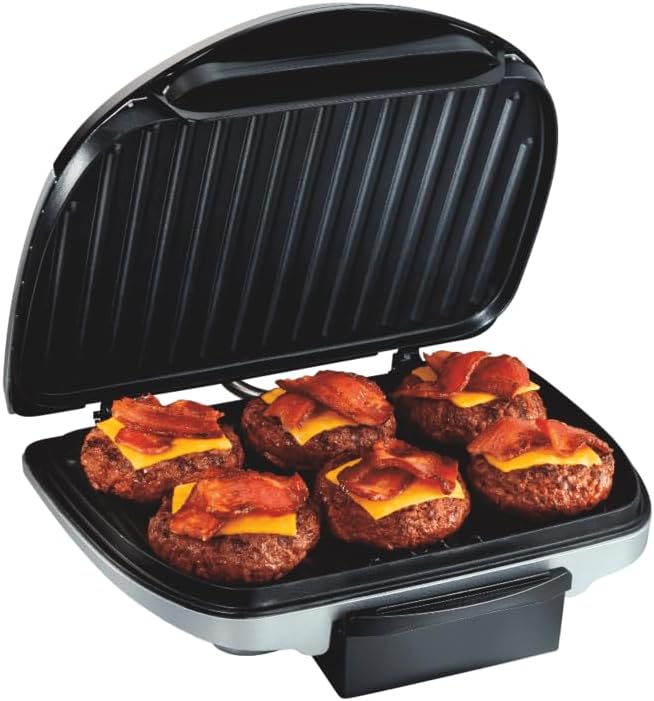 Hamilton Beach Electric Indoor Grill With Floating Hinge For Thicker Food | Large 90 sq. in. PFAS-Free Non-Stick Cooking Surface Fors 6 Burgers | Easy Clean Plates | 1200 Watts | Silver | 25371MN