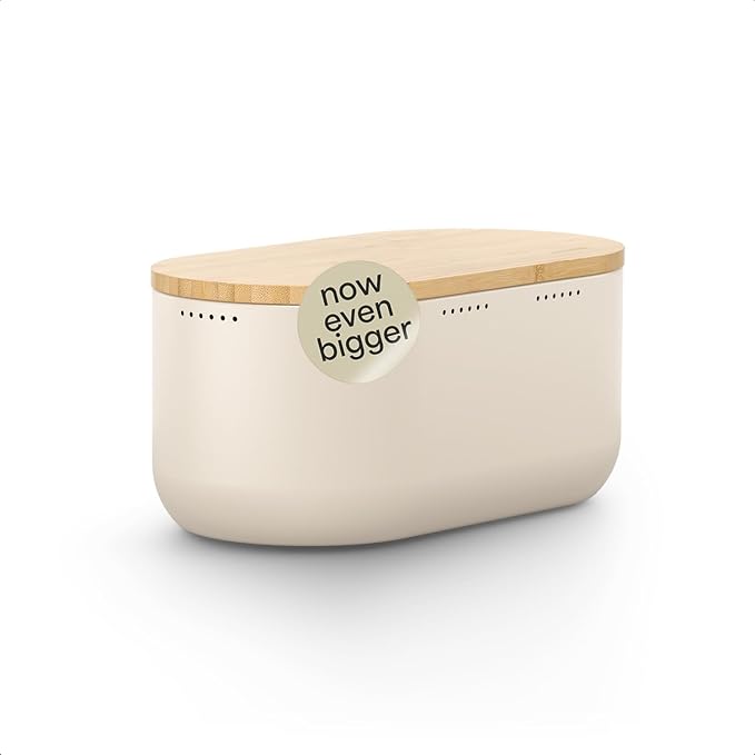 LARS NYSØM Bread Box I Metal bread box for long lasting freshness with non-slip pads I Baked goods Bin with bamboo lid usable as cutting board I 13.6x7.3x6.2in (Cream Beige)