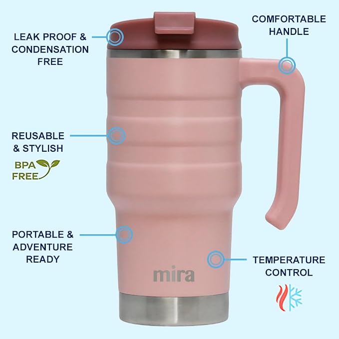 MIRA 20 oz Insulated Travel Mug - Stainless Steel Coffee Cup with Spill-Proof Flip Lid & Handle - Hot/Cold Car Tumbler - Punch