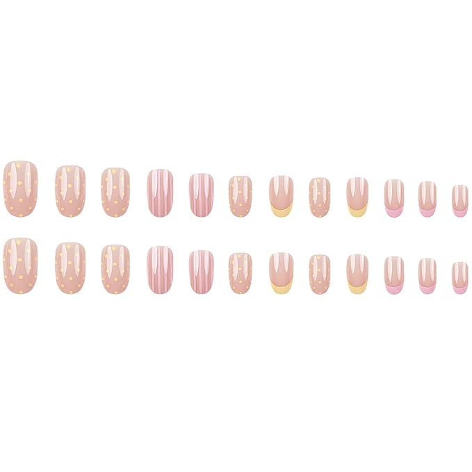 French Press On Nails Short Almond Fake Nails With Stripe Polka Dot Designs | Yellow Pink French False Nails Acrylic Nails Press Ons Glossy Glue On Nail Reusable Stick On Nail For Women 24Pcs