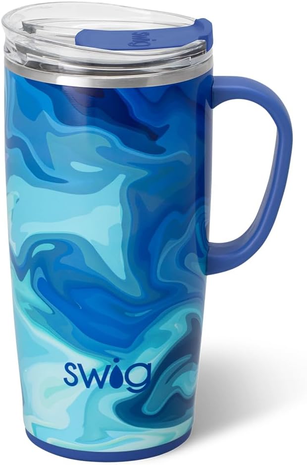 Swig Life 22oz Insulated Travel Mug with Handle & Lid, Blue Lagoon | Triple Insulated Stainless Steel - Handle & Lid Included - Keeps Coffee Hot or Cold - Cup Holder Friendly