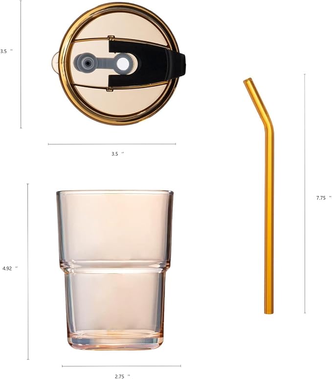 BLUEPOLAR 13 oz Tumbler Water Glass, Water Bottle with Straw and Dustproof Lid, Coffee Ice Cup Double Wall Insulated Glass Cup (Amber-4pack)