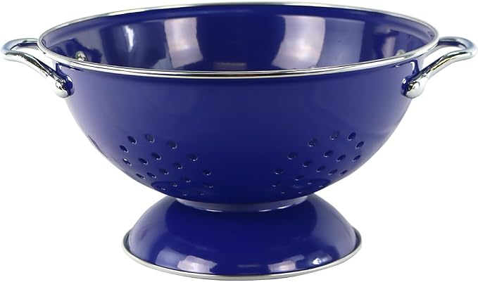 Reston Lloyd, 3 Quart Powder Coated Steel Kitchen Strainer Basket for draining Pasta, Vegetable and Fruit, Chrome Handles and Wide Stable Base, Indigo