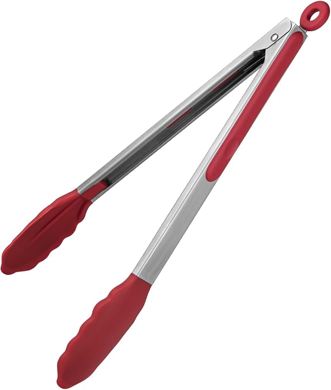 U-Taste Kitchen Tong for Cooking, 600ºF Heat-Resistant Silicone, 12in/Red | Large Tongs for Serving Food, Big Rubber Tong for Grill/BBQ, Silicon Tips & 18/8 Stainless Steel Handle, Smooth Locking