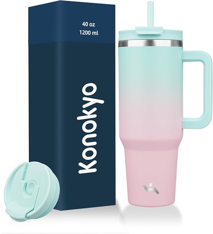 Konokyo 40 oz Insulated Tumbler Water Bottle with Handle, Straw Lid | BPA-free and dishwasher safe; made for gym, travel, coffee and gifting, 2 straws, cup holder friendly,Gum