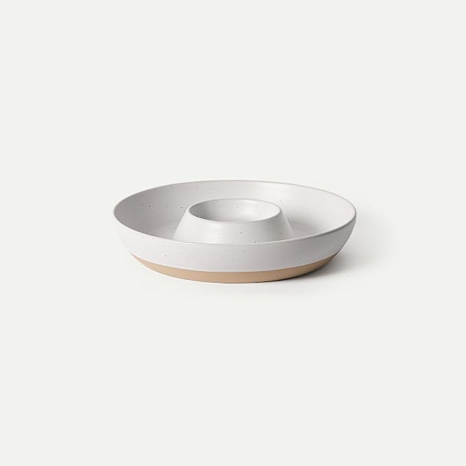 Mora Ceramic Chips and Dip Serving Tray: Large Divided Party Bowl Set for Chips & Salsa, Veggies & Dip, Fruit, Snacks, Entertaining, Hosting, etc. Minimalist Design for the Modern Hostess - Oat