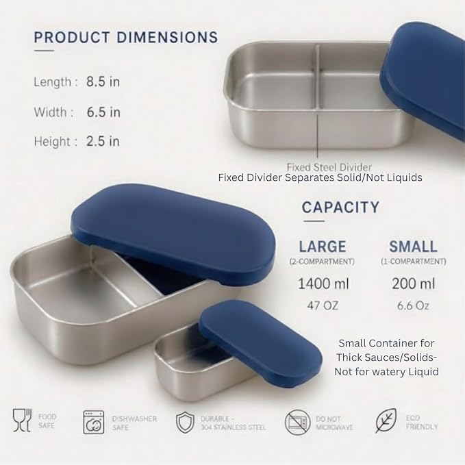 Flexibento - Leak proof Stainless Steel Lunch Box Containers with Silicone Lids, Steel Bento Box, Metal lunch Box, Navy-47OZ-Set Of 2