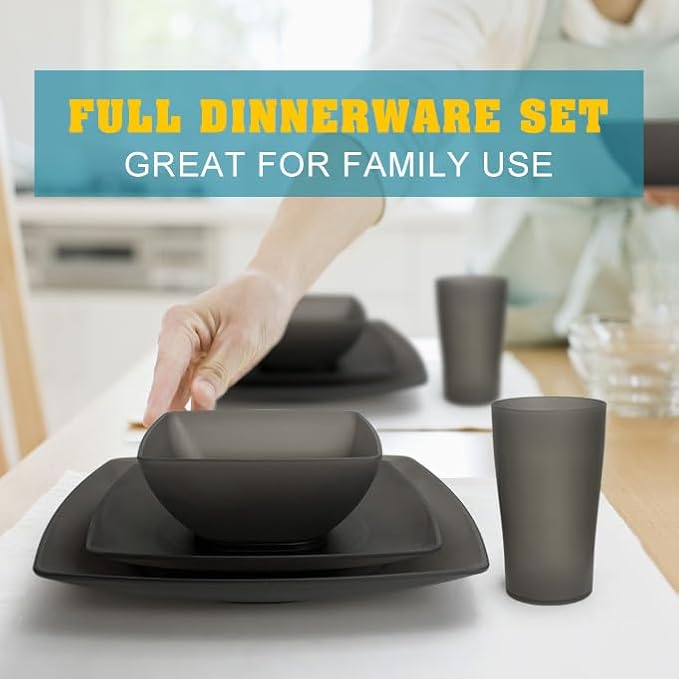 Teivio 32-piece Plastic Wheat Straw Square Dinnerware Set for 8, Unbreakable Dinner Plates, Salad Plates, Snack Bowls, Tumblers 13.5 oz, Dishwasher Safe, Clear Black