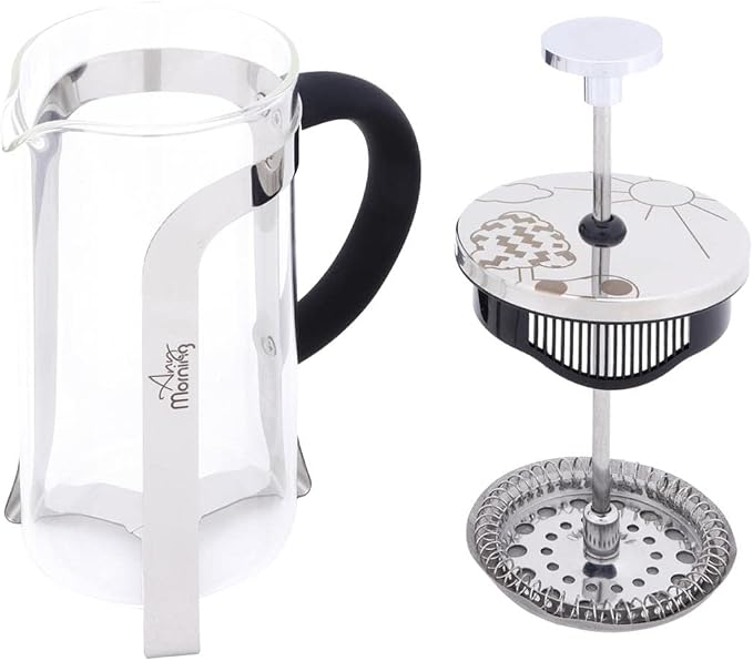 Any Morning French Press Coffee and Tea Maker, Borosilicate Glass Coffee Press, Stainless Steel Filter, Durable and Heat Resistant, Silver (600 ml, 20 oz, 2 Cup)
