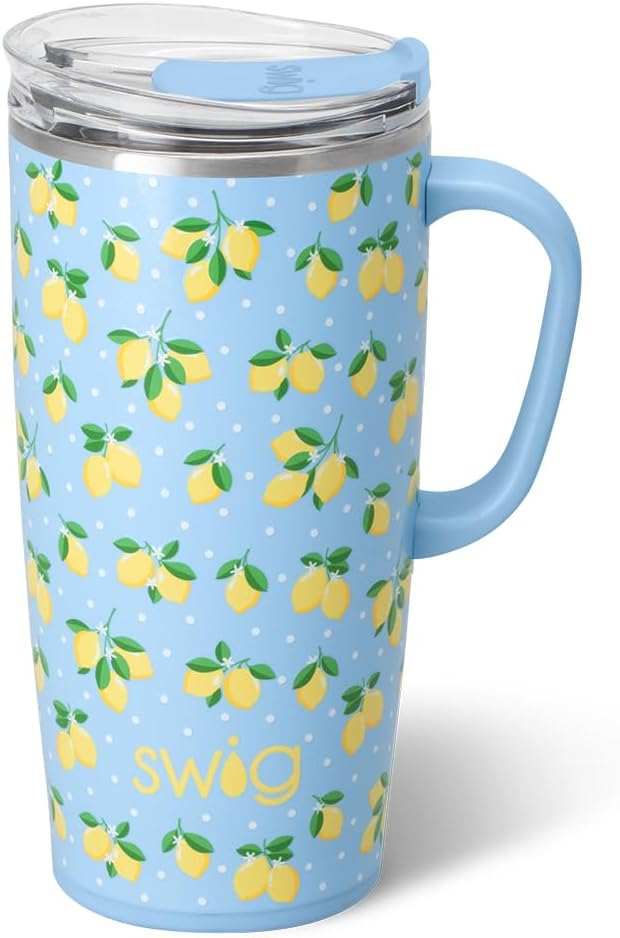 Swig Life 22oz Insulated Travel Mug with Handle & Lid, Lemon Meringue | Triple Insulated Stainless Steel - Handle & Lid Included - Keeps Coffee Hot or Cold - Cup Holder Friendly