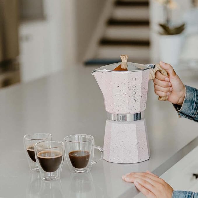 GROSCHE Milano Stovetop Espresso Maker Moka Pot 6 espresso Cup 9.3 oz Pink | Cuban Coffee Maker And Italian Moka Pot For Stovetop Espresso; For Gas, Electric, And Propane Stoves With A Soft-Touch Handle