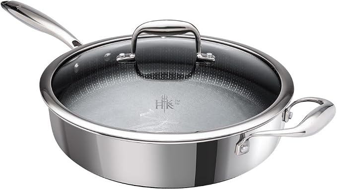 Hell's Kitchen Hybrid 4 Qt Sauté Pan and lid, Tri-Clad Stainless Steel and Nonstick Ceramic, PFAS Free, no PFOA, no PTFE, no Teflon, Non Toxic Cookware, Metal Utensil Safe, All Cooktops and Oven Safe | Induction Cookware, Saute Pan With Lid, Tri Clad S...