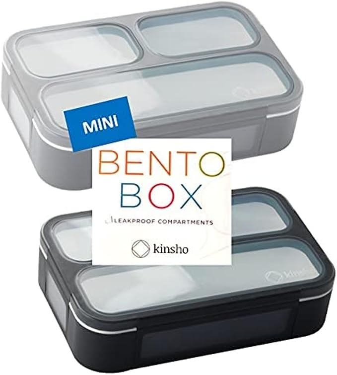 kinsho Small Snack Box Container for Kids Toddlers, Set of 2 (Black + Gray) | 3 Compartments, Leak-Proof, Spill Proof, BPA-Free Reusable Small Mini Bento Lunch Box for Daycare School Travel, Holds 2 Cups