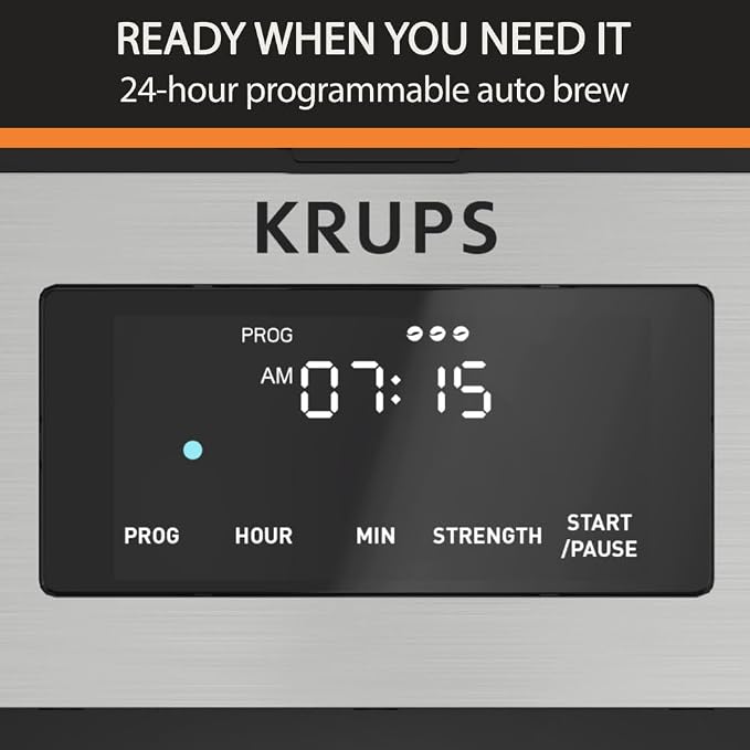 KRUPS Programmable 12-Cup Drip Coffee Maker Machine with 3 Brew Strengths | 24-hour programmable brewing, 3 brew strengths (mild, medium, bold), Flavor-Max technology, 4-hour keep warm