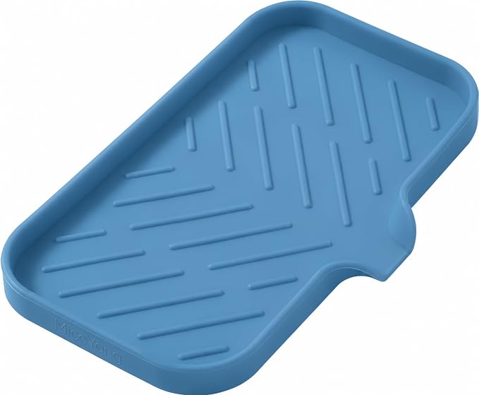 MicoYang Silicone Soap Dish with Drain Spout — Self-Draining Sink Organizer Tray for Bathroom & Kitchen, Sponges, Dispensers & Soap Holder, Non-Slip & Dishwasher Safe, Lichen Blue (Medium, 9.6"×5.3")