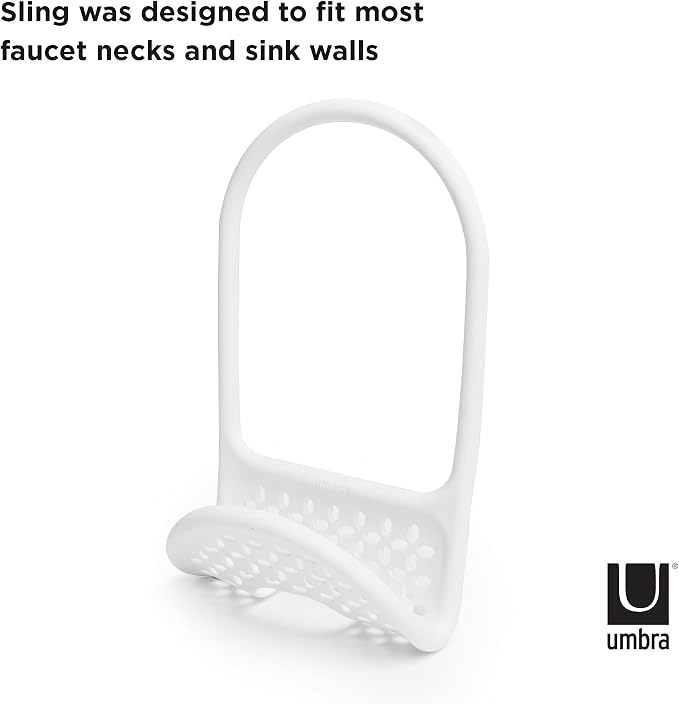 Umbra Sling Flexible Sink Caddy, Elastic Non-Slip Sponge Holder, White | Rubber material, perforated base for drainage, prevents moisture buildup, fits faucet necks, easy rinse clean