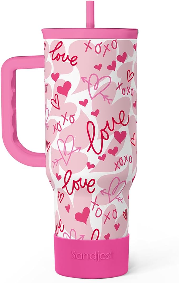SANDJEST Heart Tumbler with Handle 40oz, Valentines Stainless Steel Insulated Tumblers Coffee Travel Cup with Straw Lid, Gifts for Women Girl