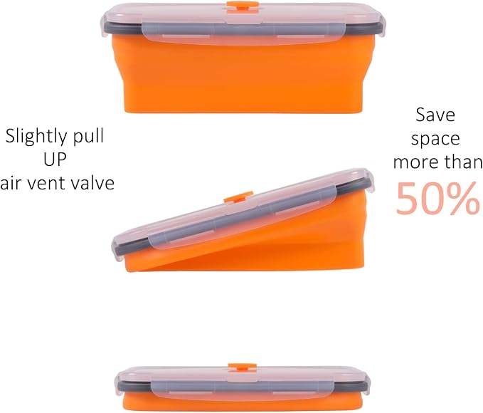 Collapsible Food Storage Containers with Airtight Lid & Vent, 40.5 oz, Kitchen Stacking Silicone Collapsible Meal Prep Container Set for Leftover, Microwave Freezer Dishwasher Safe, Orange, Set of 4
