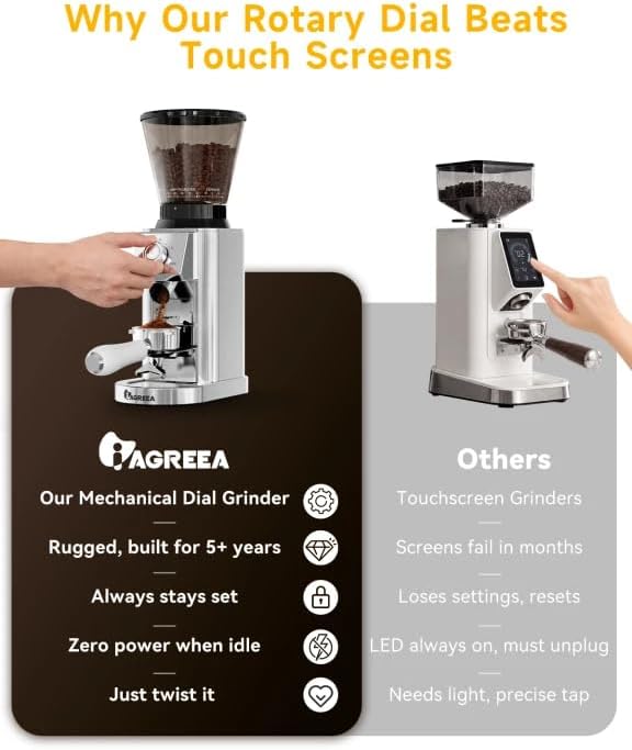 IAGREEA Coffee Grinder for Home Use, Conical Burr Espresso Grinder 48 Grind | 450RPM Low-Speed Anti-Static, Precision Timer For Drip, French Press, Cold Brew, No Mess, Metallic Silver