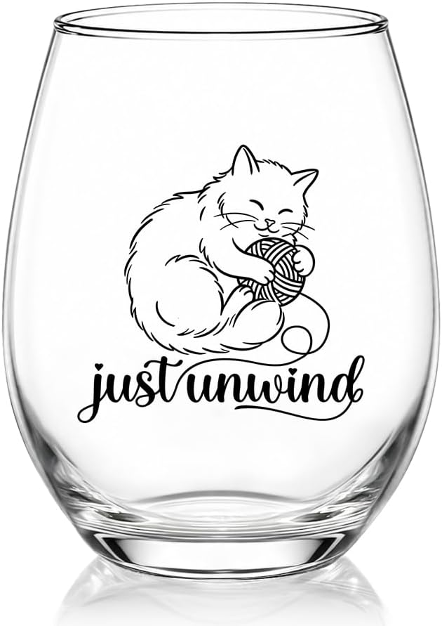 Just Unwind Stemless Wine Glass, Cute Sleeping Cat Print Clear Crystal Wine Glass, Funny Relaxation Gifts for Cat Lovers, Lead-Free Drinking Glasses for Home Bar, Christmas, Birthday Gifts