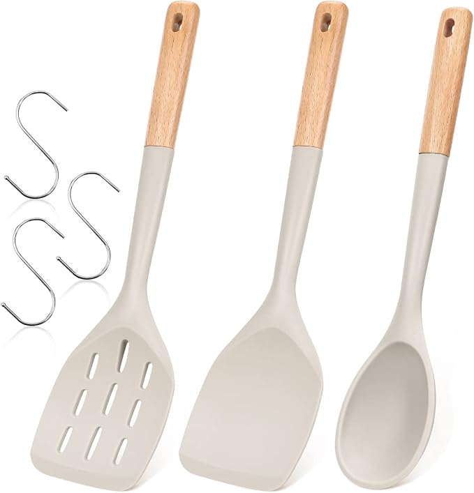 Pack of 3 Silicone Spatula, Non Stick Cooking Utensil Set, Khaki | Heat Resistant, Non Scratch, Wooden Handle Kitchen Turner for Baking Mixing Grilling Serving Food